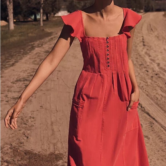 NWT ANTHROPOLOGIE PILCRO FLUTTER SLEEVE MIDI DRESS RED SMALL CASUAL BOHO MAXI - Picture 2 of 13